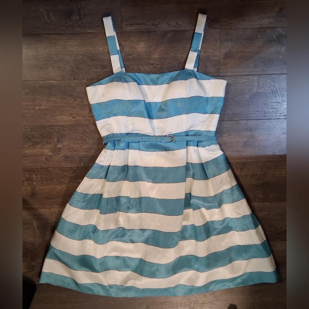 Jessica Howard Sleeveless Striped Teal Blue White Mini Dress Party Wedding Sz 16